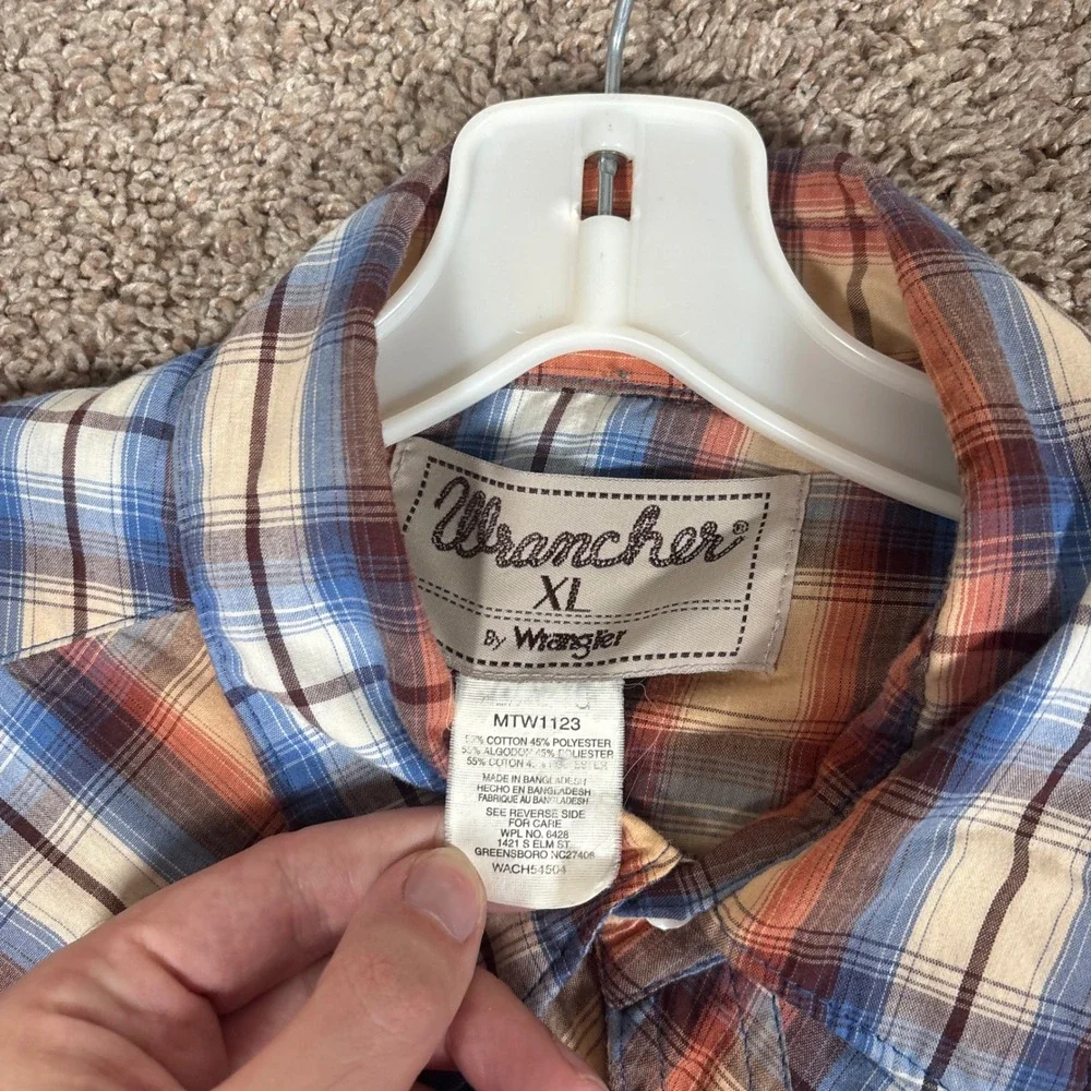 Wrangler Wrancher Mens XL Blue Orange Plaid Western Pearl Snap Shirt MTW1123‎